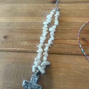 Free People White Beaded Necklace with Cross Pendant